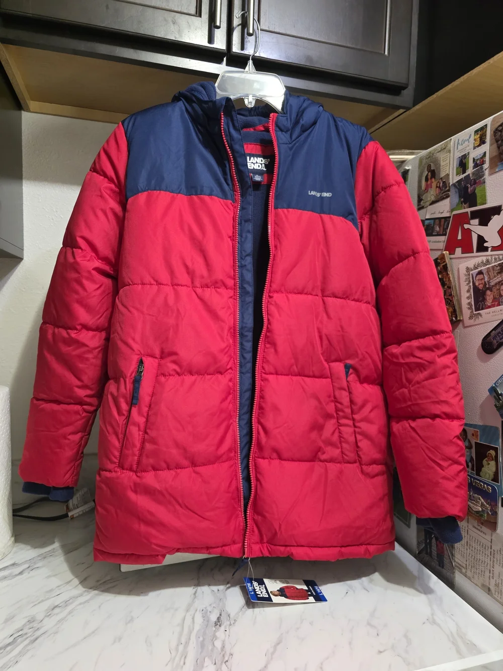 Lands' End Kids' Red & Navy Puffer Jacket with Hood Youth 14/16